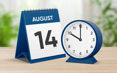 Date 14 August time 10 oclock. August 14 desk calendar and round table clock showing time 10 00. Realistic calendar and clock composition 3d illustration. Scheduled date and time planner design