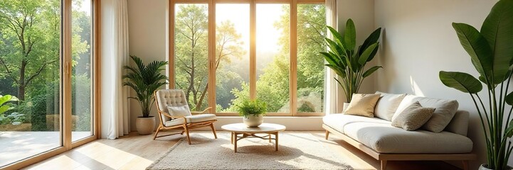 Relaxing interior with natural light streaming through large windows, creating a cool and airy atmosphere Perfect for summer, minimalist design, and comfortable living spaces , house, plant, modern