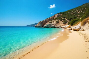 Fototapeta premium Sun-drenched golden sand meets crystal-clear turquoise waters on a secluded Greek beach Perfect for summer holiday escapes and travel brochures Serenity and natural beauty abound , coast, idyllic