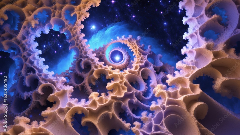 Poster fractal composition with swirling patterns and vibrant cosmic colors creating an otherworldly atmosp