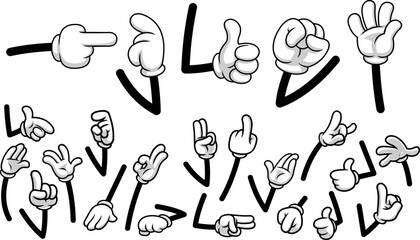 Retro Cartoon White Gloves Character Hands In Various Gestures And Poses – Vector Hand Drawn Collection Set Isolated On Transparent Background