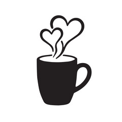Coffee mug & love heart symbol black silhouette design, romantic caffeine date iluustration