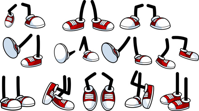 Retro Cartoon Character Legs With Red Sneakers In Dynamic Poses &ndash; Vector Hand Drawn Collection Set Isolated On Transparent Background