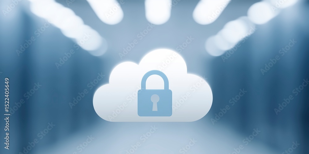Poster cloud storage illustration featuring a secure padlock symbolizing data protection, set against a blu