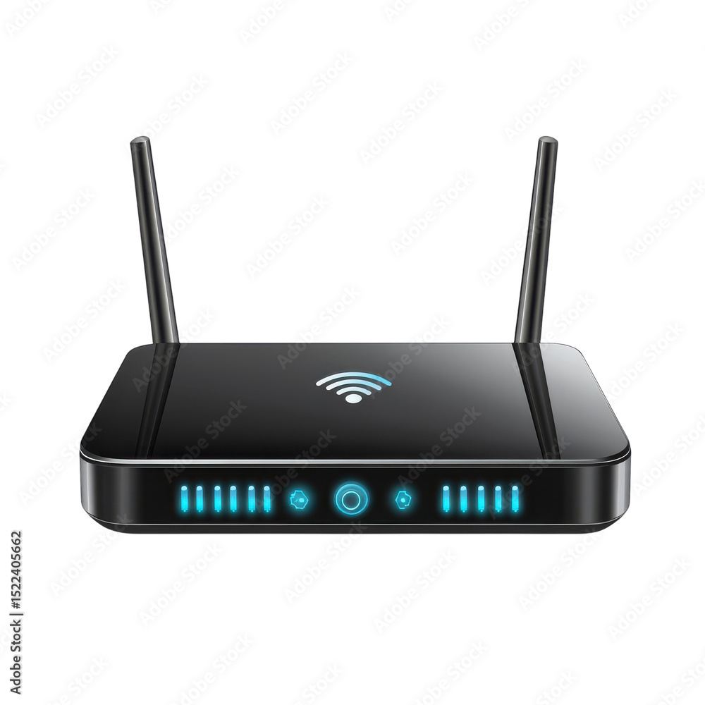 Poster sleek router with glowing blue lights wi fi connection internet device on transparent background