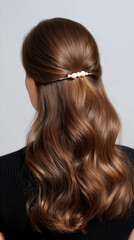 Fototapeta premium woman with long hair, hairstyle, Hair model with half-tied hair with pearl hair pin, hair accessories