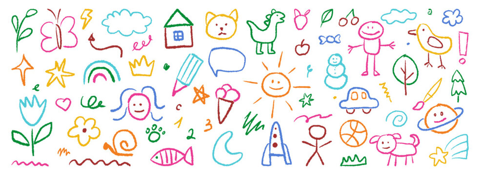 A vivid set of kindergarten chalk elements. Various children's drawings, naive pencil doodles.