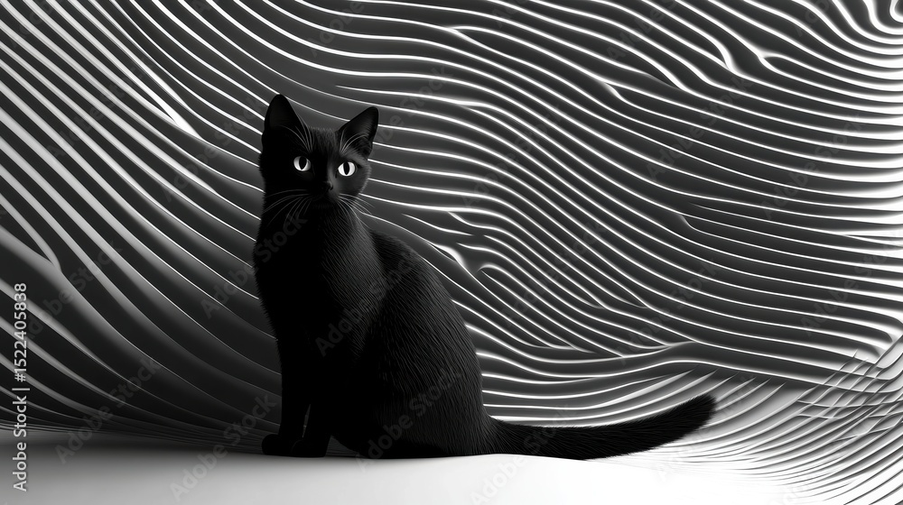 Poster elegant black cat portrait on linear wave backdrop creating depth and shadows with monochrome aesthe