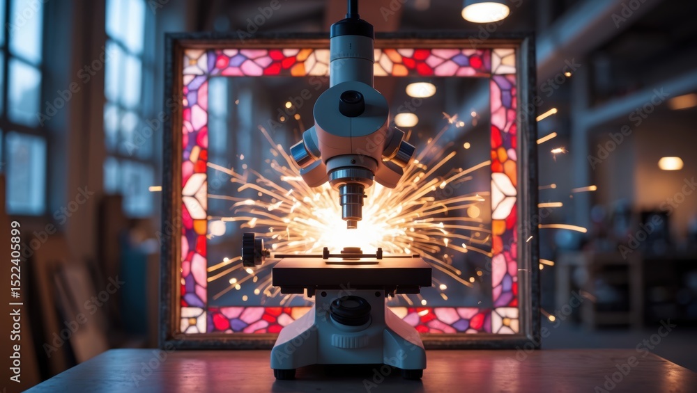 Poster futuristic laboratory scene featuring a microscope at the center, surrounded by vibrant sparking lig