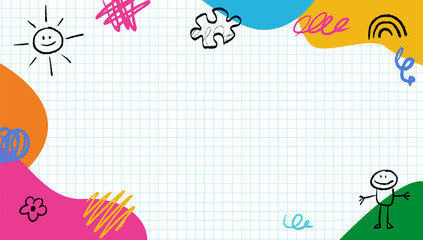 Children's hand-drawn drawings on a colored background, template design with diverse naive sketches, crayons and chalks doodles. Kindergarten and preschool backdrop.