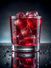 Chilled red beverage with ice cubes in a glass, condensation on surface, reflecting on glossy black tabletop
