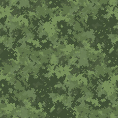 Abstract digital camouflage pattern in shades of green. Ideal for backgrounds, textures, militarythemed designs, or gaming projects.  The pixelated style creates a modern, versatile look.