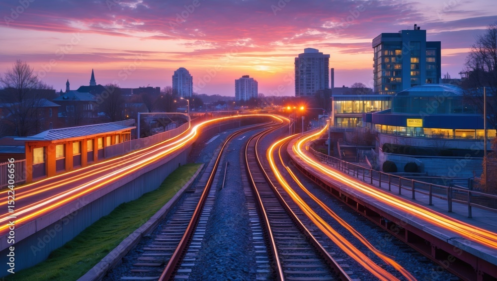Poster dynamic view of illuminated railway tracks at dusk with vibrant sunset colors and city skyline in th