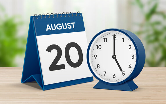 Date 20 August time 5 oclock. August 20 desk calendar and round table clock showing time 05 00. Realistic calendar and clock composition 3d illustration. Scheduled date and time planner design