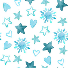 Obraz premium Watercolor Blue Rainbow Seamless Pattern, Hand Painted Blue Rainbow Scrapbooking Paper Background, Baby Boy Shower Nursery Decor