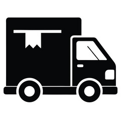 Black Delivery Truck Silhouette with Box, Simple Design, Express Cargo Icon, Vehicle