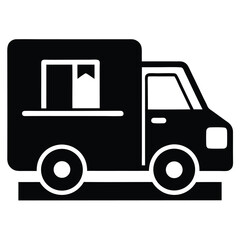 Minimalist black vehicle icon with bold outlines, showcasing a truck on the road