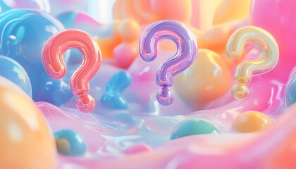Three colorful question marks float in a bubbly, liquid-like background.