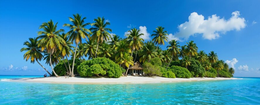 A picturesque tropical island surrounded by turquoise waters, featuring coconut trees, a thatched hut, and a sandy beach under a clear blue sky