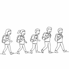 Naklejka premium Illustration of children walking with backpack in sketch line.