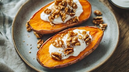 Baked sweet potato halves topped with Greek yogurt and walnuts