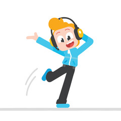 Happy Animated Character Dancing with Headphones and Blue Jacket