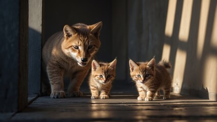 Three adorable small orange kittens and a larger cat in a sunlit corridor with wooden flooring, capturing a playful moment with soft shadows