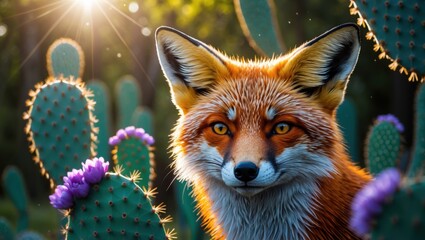 A close-up portrait of a vibrant red fox among blooming cacti at sunset, showcasing its piercing eyes and lush surroundings