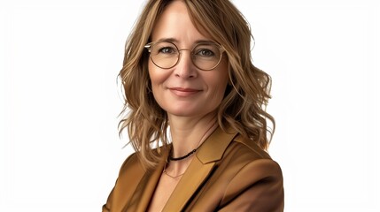 perfectly composed portrait of a businesswoman wearing glasses and a sleek golden e suit 