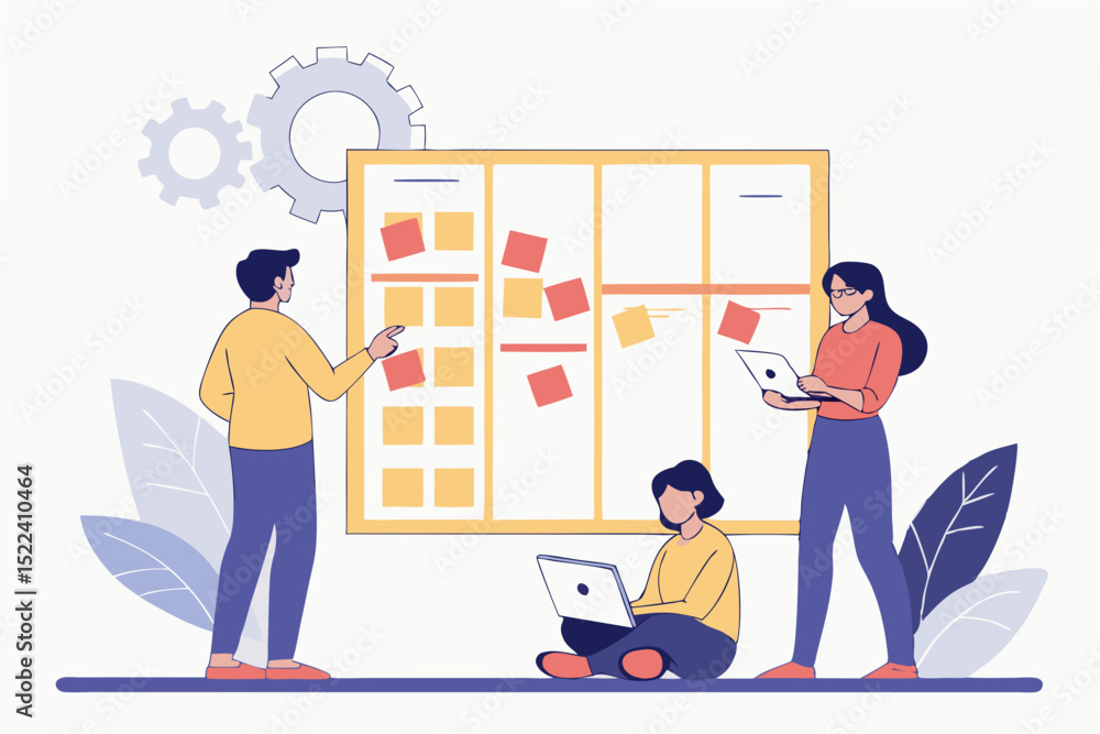 Poster team collaborating on project management using sticky notes and digital devices in modern office