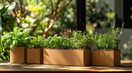 Row of cardboard herb planters, sunny outdoor view