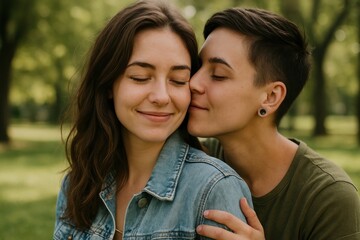 Fototapeta premium Couple embracing in serene park.