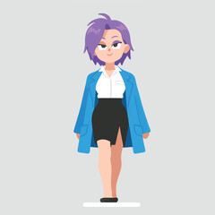 Stylish Anime Character with Purple Hair in Blue Jacket and Black Skirt