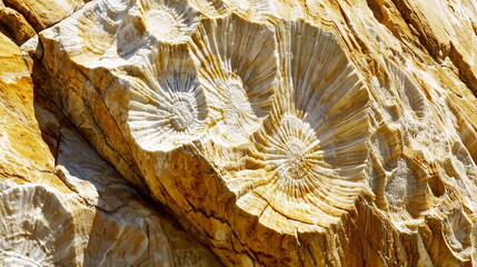 Fossilized ammonite patterns on rock surface in natural sunlight displaying intricate textures and shapes