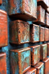 Detailed view of textured wall featuring colorful metallic blocks in an urban setting during daylight