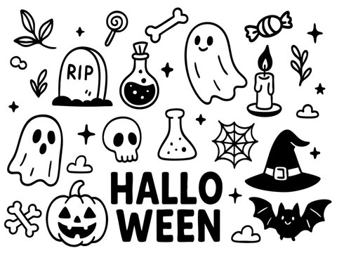 Halloween Drawing element set. Ghost Pumpkin Bat Skull Witch Hat Spiderweb Bone Candy Candle Potion Flask Gravestone Cloud cute hand drawn doodle set with spooky icons in black outline, for Halloween
