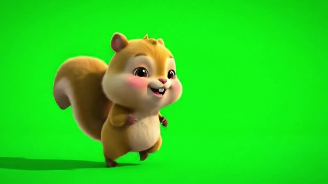 Cheerful Animated Squirrel on Greenscreen: A cute animated squirrel joyfully scurries across a chroma key background, offering versatile options for any project needs