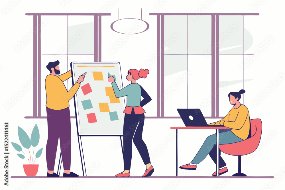 Poster collaborative teamwork illustration of a business group brainstorming and working on a whiteboard wi