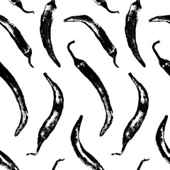 Vector seamless hand drawn chili pepper pattern. Spicy print for fabric, food packaging, kitchen textiles, and branding. Handmade style with textured brush effect.