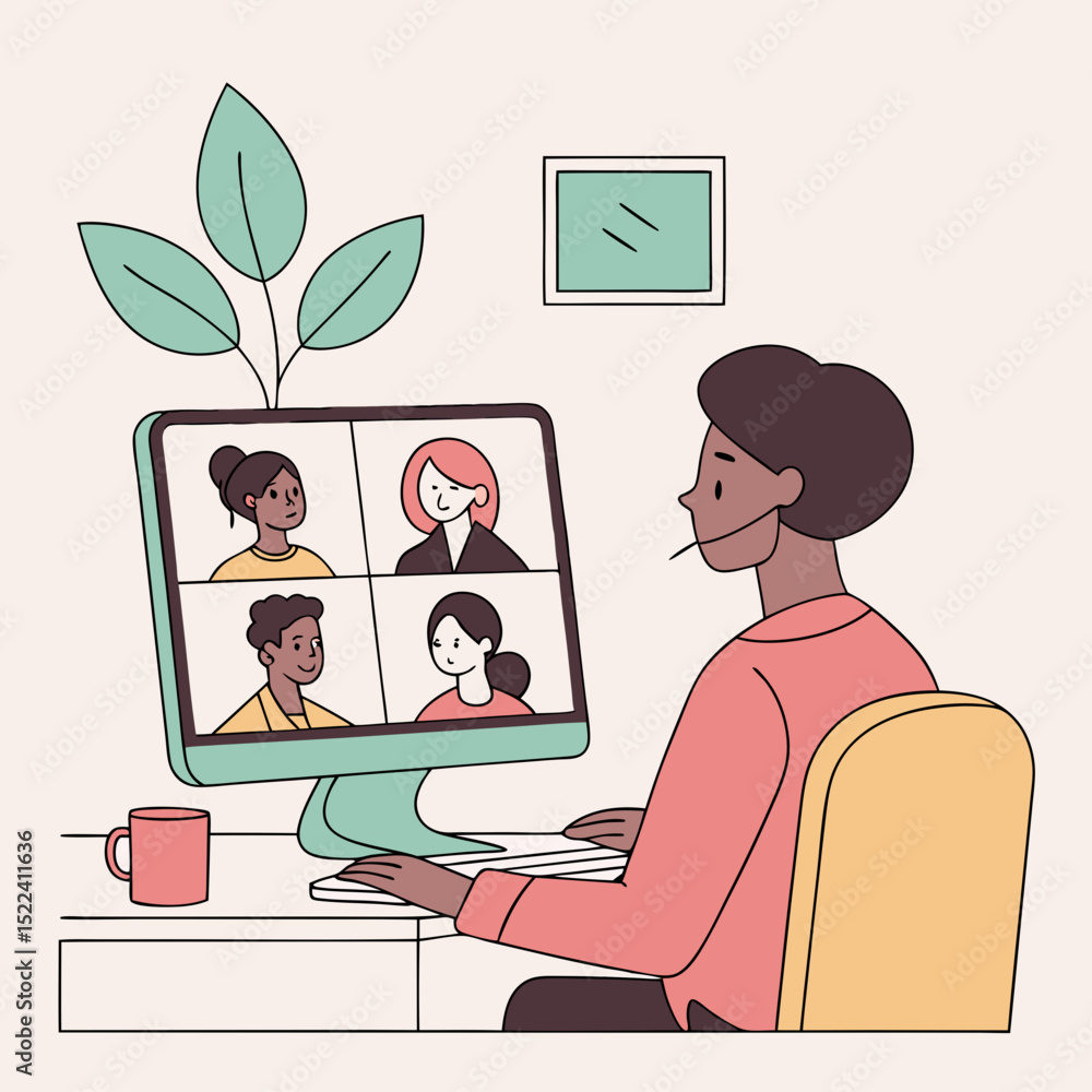 Poster remote worker on a video call meeting with colleagues depicted in a modern flat illustration suitabl