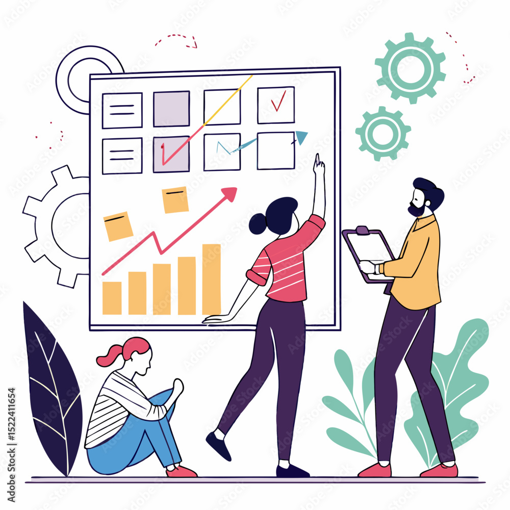 Poster team collaborating on business strategy displaying data and charts with a white background suitable 