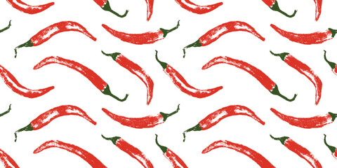 Vector seamless hand drawn chili pepper pattern. Spicy print for fabric, food packaging, kitchen textiles, and branding. Handmade style with textured brush effect.