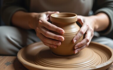 Hands of potter making clay pot. High quality