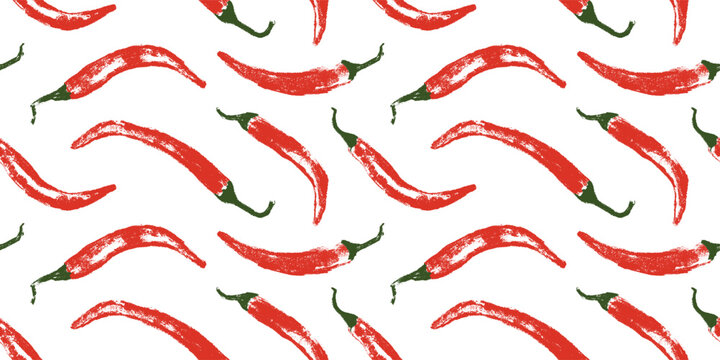 Vector seamless hand drawn chili pepper pattern. Spicy print for fabric, food packaging, kitchen textiles, and branding. Handmade style with textured brush effect.