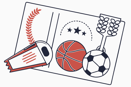 Sports themed illustration with a certificate, basketball, soccer ball, and a decorative design on a transparent background.