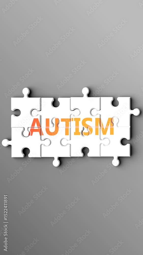 Poster autism being a complex topic - puzzle pieces with word autism coming together to make a whole. autis