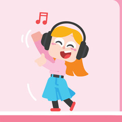 Happy Girl Dancing with Headphones, Music Note