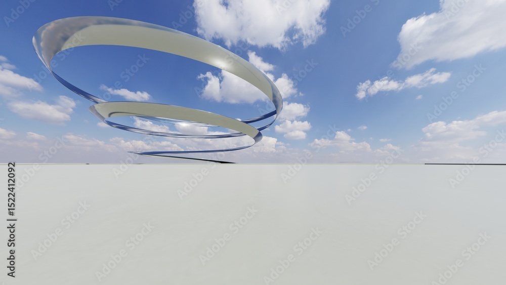 Aufkleber 3d illustration of abstract wavy architecture background, Minimal curved geometry architectural design, Car presentation backdrop with empty concrete floor, Flowing geometric metal building design