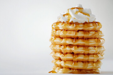 Stack of golden waffles with whipped cream and maple syrup drizzle &mdash; sweet breakfast or brunch concept on white background, perfect for food styling, menu, and culinary branding.