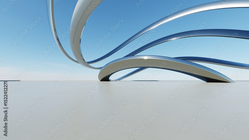 Aufkleber 3d illustration of abstract wavy architecture background, Minimal curved geometry architectural design, Car presentation backdrop with empty concrete floor, Flowing geometric metal building design